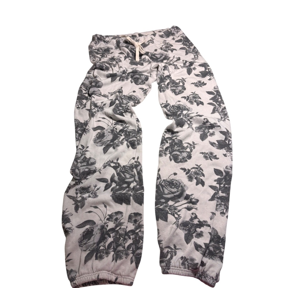 Sundry Floral Rose Print Jogger Sweatpants Gray White Size 0 Made in USA